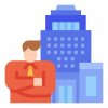Icon of man standing in front of corporate building